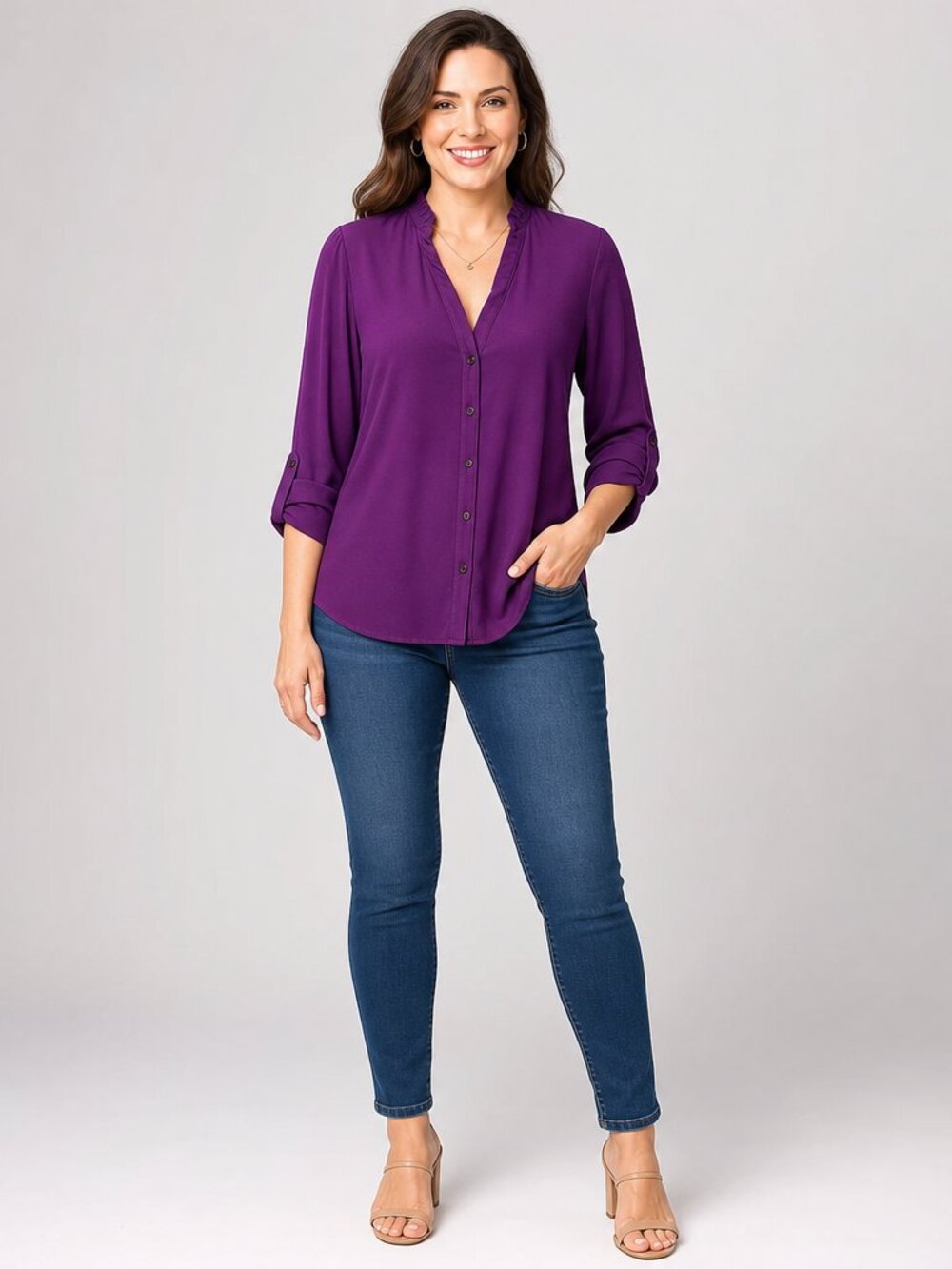 Elle Plum Ruffle Blouse M  Button Front Roll-Tab Sleeve Whimsigoth Workwear Chic